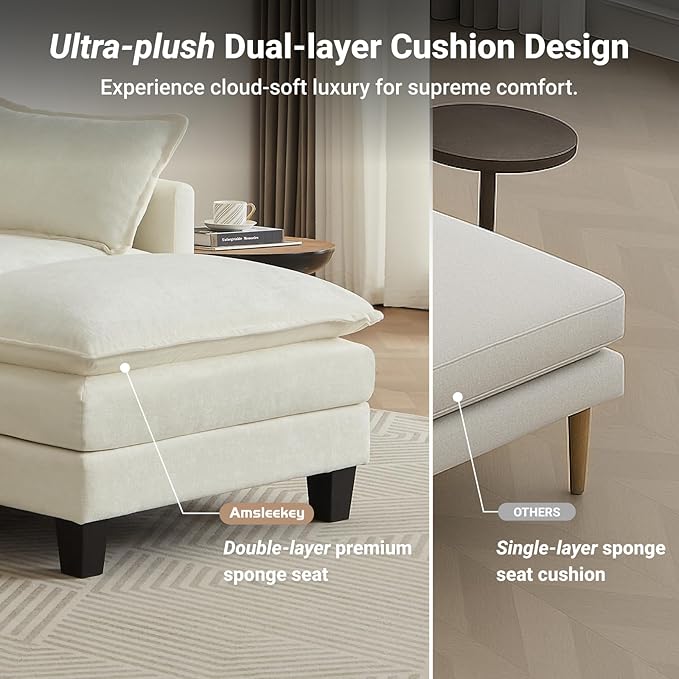 Modular Sectional Sofa 76.5 L-Shaped Chenille Comfy Sectional Couches for Living Room 2-Seater Cloud Couches with 1 Movable Ottomans Flexible Combination Modern Deep Seat Sofa (Beige)