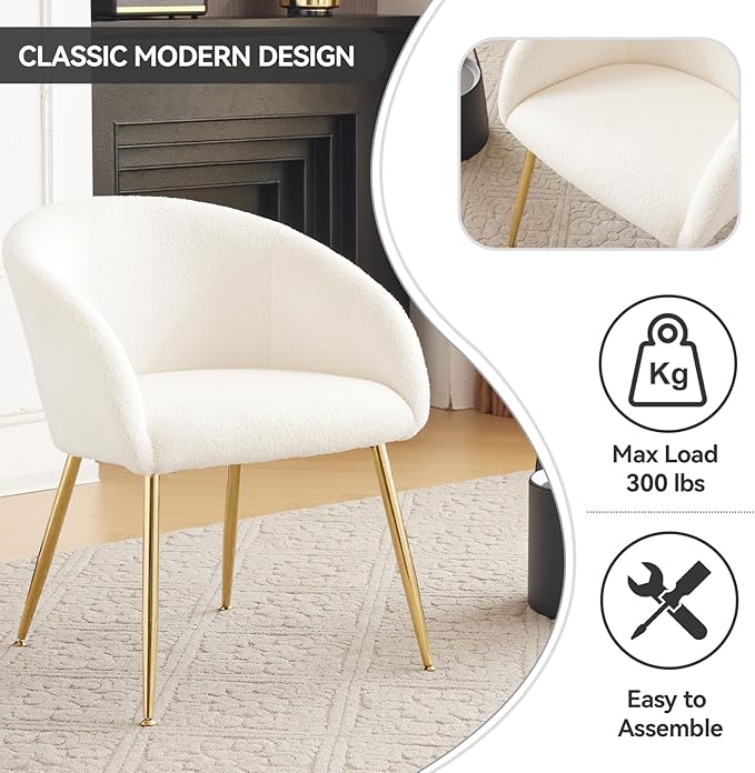 Modern Small Accent Chair Set of 4 Comfy Sherpa Makeup Vanity Chair with Golden Metal Legs Decorative Dining Chair no Wheels for Living Room Dressing Room Bedroom White