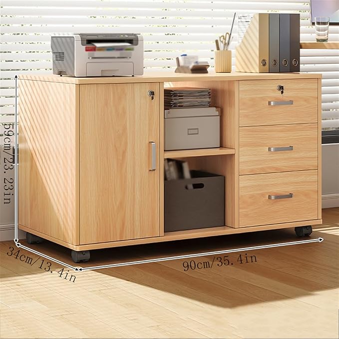 File Cabinet Office File Cabinet Under Desk Storage Cabinet Three Drawers Two Compartments One Door Storage Cabinet Wooden Locking Plant Sideboards Archive Cabinet(Color:Bruin)