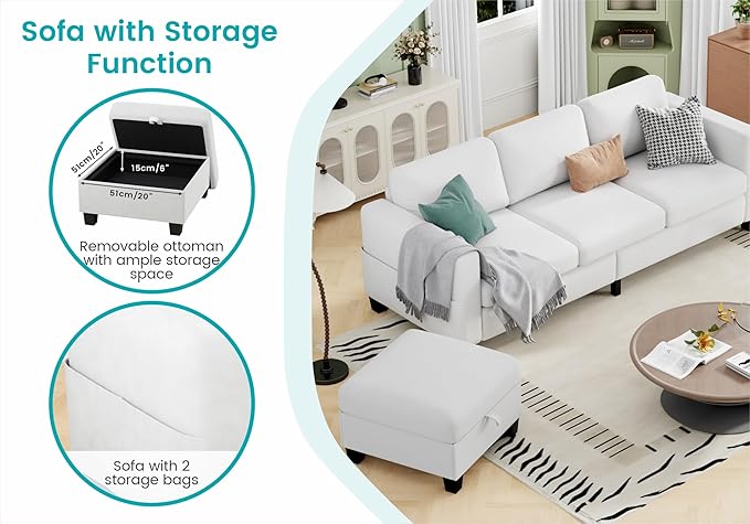 Sectional Couches for Living Room - Convertible L Shaped Couch with Storage Ottoman 3 Seater Modern Velvet Grey Sofa for Small Space Studio Basement Loft
