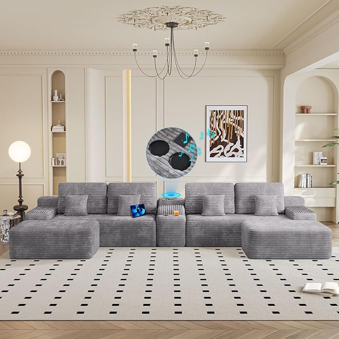150 Modular Sectional Sofa with 2 Ottoman 5-Piece Cloud Sectional Couch with Console Storage USB Bluetooth Speaker &amp Cup Holder U Shaped Boneless Couches for Living Room Furniture Light Gre