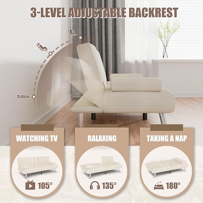 YESHOMY Futon Sofa Bed Futon Couch with Adjustable Backrest Convertible Sleeper Sofa with Removable Armrests Loveseat in Corduroy with 2 Cup Holders for Living Room Apartment (Beige)