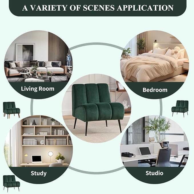 Modern Accent Chair Velvet Upholstered Fuzzy Club Chairs with Tufted Design Comfy Living Room Chair with Metal Legs Padded Reading Chair for Reading Room (Green-Velvet)
