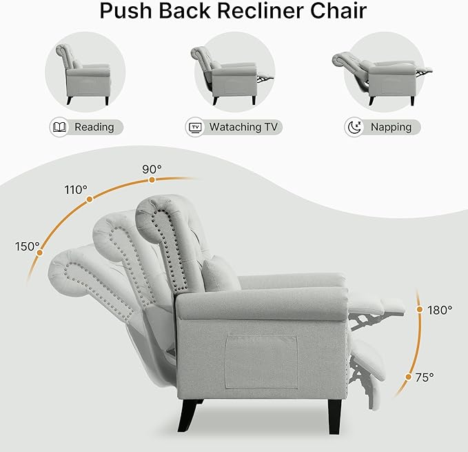Pushback Recliner Chair Accent Push Back Chair Set of 2 with Adjustable Footrest Upholstered Linen Reclining Sofa with Side Pocket Comfy Modern Armchair for Living Room Light Grey