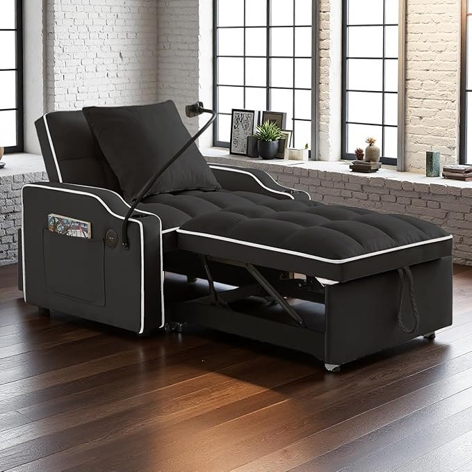 3 in 1 Convertible Sleeper Sofa Bed with Phone Holder 35'' Pull Out Sofa Bed Recliner with Adjustable Backrest Velvet Fabric Sleeper Couch Single Modern Chair for Small Space &amp RV Black