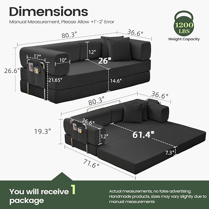 Multi-functionalcorduroy Sofa Bed Crafted from Corduroy Fabric is Ideal for Apartments and Living Rooms. Sleeper Sofa Couch Folding futon or Foldable Floor Convertible Floor Studio | Multi-functiona