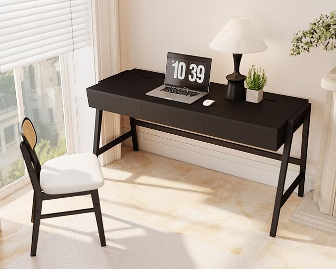 HNY 59 Inches Black Wooden Writing Desk with 3 Drawers Computer Study Table with MDF Top Solid Rubberwood Legs and Hidden Cable Management Holes Corner Makeup Vanity Desk for Home Office Bedroom
