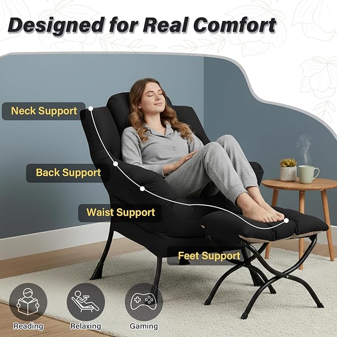 Cozy Lazy Chair and Ottoman Large Peach Black Contemporary Accent Chair Set Leisure Upholstered Reading Armchair for Office Bedroom Living Room Dorm Rooms Balcony
