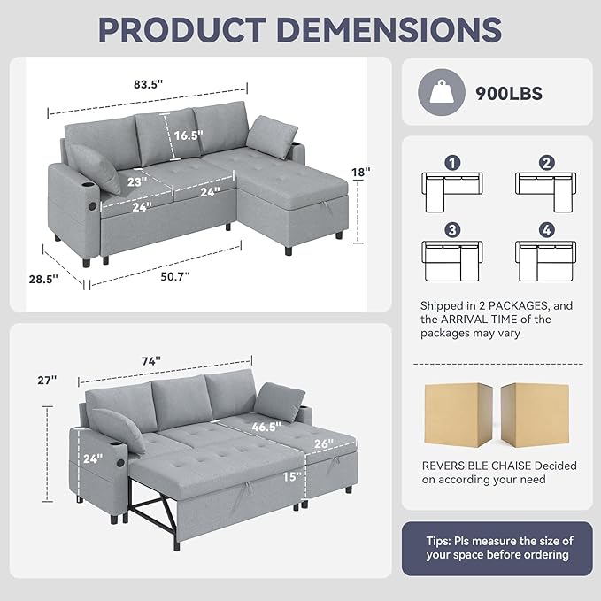 Esright 84'' Sleeper Sofa Bed L Shaped Sectional Convertible Pull Out Couch with Storage Chaise for Living Room 3 in 1 Sleeper Sofa Couch with Pullout Bed USB Cup Holder Side Pocket(Light Gray)