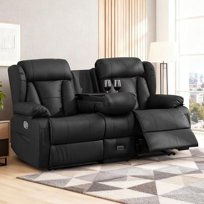 Loveseat Recliner Sofa with Console Flip Middle Backrest Design Manual Reclining Loveseat Sofa with Storage Drawer USB Ports &amp Cup Holders Manual Couch for Living Room Black