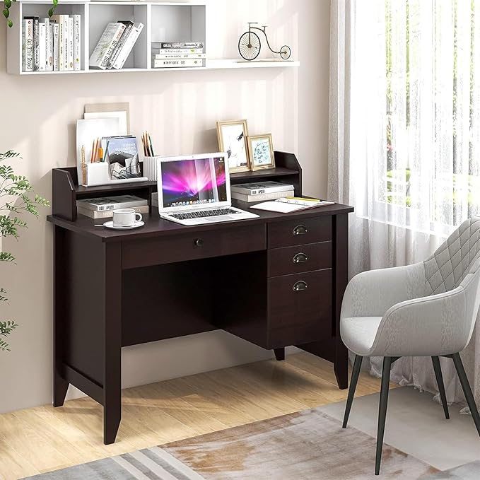 GOFLAME 48” Computer Desk with Hutch Vintage Home Office Desk with Storage Drawers &amp Shelves Space Saving Laptop PC Table Wooden Study Writing Workstation Brown