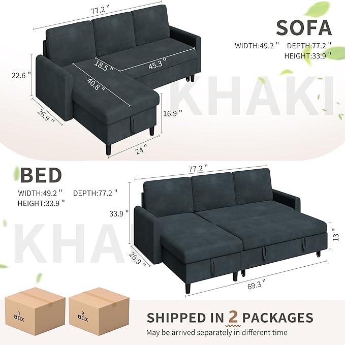 Walsunny Sectional Sofa Couch Bed L Shaped Sleeper Sofa Bed Pull Out Bed with Storage Reversible Sectional Couches for Living Room Apartment Office(Dark Gray)
