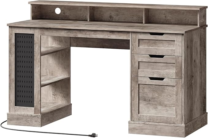 55-Inch Farmhouse Executive Desk with 2 Drawers and File Cabinet Computer Desk with 3-Tier Storage Shelves Home Office Desk with Charging Station Pegboard and Monitor Shelf Gray