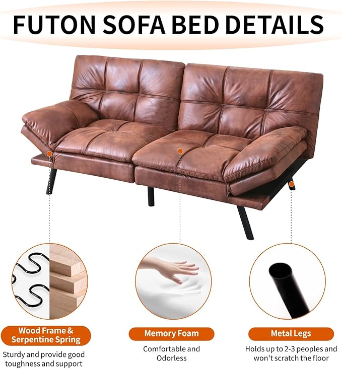 MUUEGM Futon Sofa Bed 71 Chestnut Convertible Memory Foam Futon Couch Bed Modern Loveseat Sleeper with Adjustable Backrests Armrests for Living RoomSmall SpaceOffice