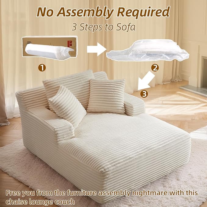 Oversized Chaise Lounge Chair Indoor Bedroom Comfy Corduroy Upholstered Sofa Bed Deep Seat Single Couch No Assembly Required Sleeper Chair Sofa for Living Room (White)