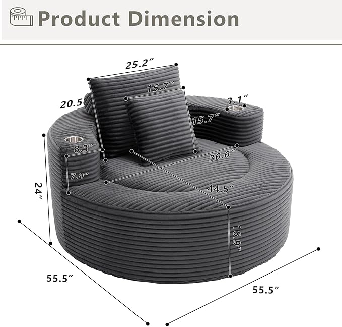 55 Oversized Round Boneless Couch Sofa Velvet Memory Foam Cloud Couches Lounge Chair Comfy Fluffy Single Sofa with 3 Pillows for Living Room Bedroom No Assembly Required (Grey +Velvet)