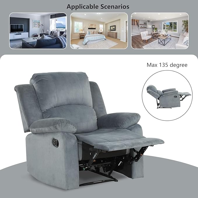 CANMOV Manual Recliner Chair Set of 2 Soft Fabric Overstuffed Recliner Single Sofa Chair for Living Room Heavy Duty and Safety Reclining Mechanism (Blue Grey)