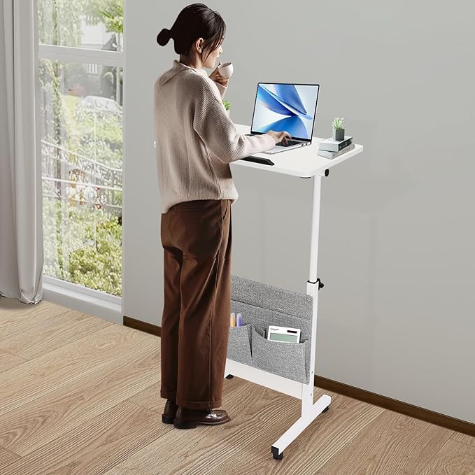 Mobile Standing Desk Rolling Laptop CartPortable Table with Wheels White Computer Workstation for Home Office