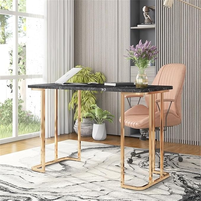 Bowery Hill Contemporary Metal Writing Desk 47.25W x 23.63D x 30.5H Steel and MDF Black and Gold Finish Rounded Corners Built-in USB Power Strip Faux Marble Top Home Office or Bedroom Desk