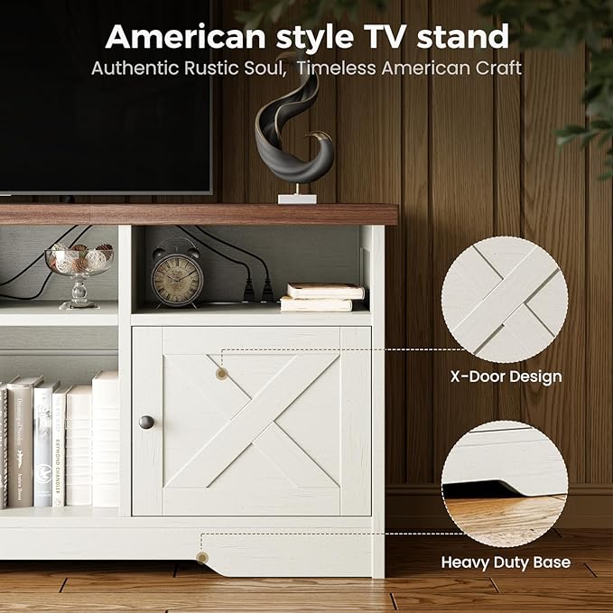 Casaottima TV Stand for 65 Inch TV Farmhouse Entertainment Center with Power Outlet &amp LED Light and Storage Cabinets Console Table and Media Furniture for Living Room Bedroom White