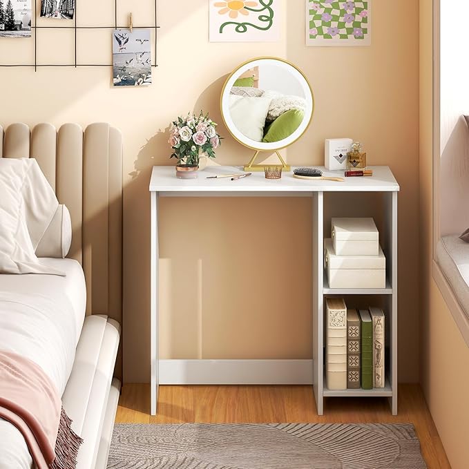 31.5 Computer Desk with Storage White Modern Wooden Office Desk for Small Spaces 2-Tier Shelves Writing Workstation for Home Bedroom Study – Compact Gaming &amp Vanity Table