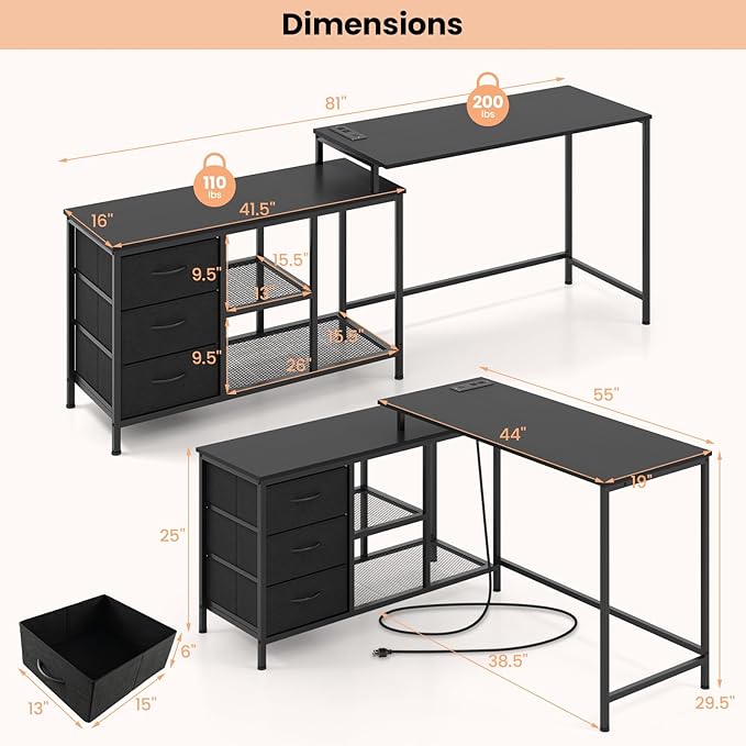 Giantex L Shaped Computer Desk with Drawers 81 Convertible Corner Desk with Charging Station and Storage Shelves Study Writing Desk Modern Long Corner Gaming Table for Home Office (Black)