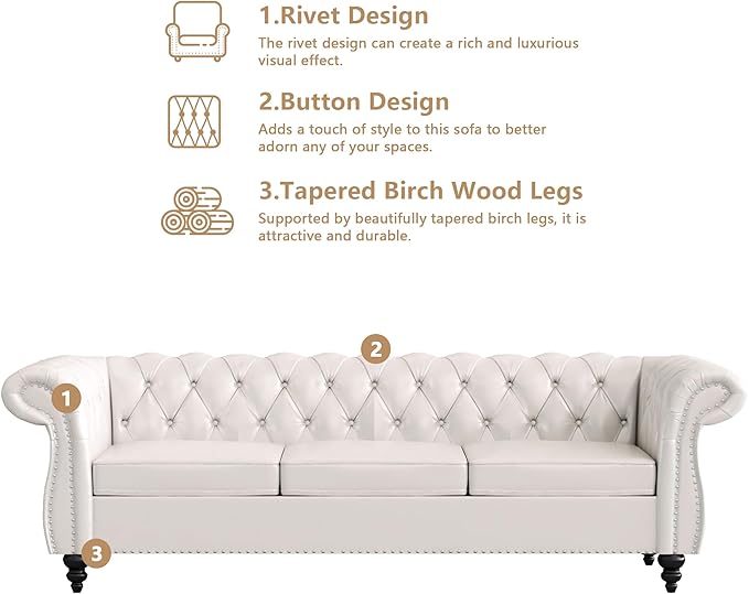 3-Seater Sofas for Living Room Chesterfield Leather Sofa Large Couch with Rolled Arms Deep Button Tufting Nailhead Trim for Living Room Bedroom Office Apartment (PU White)