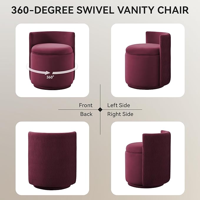 Velvet Vanity Chair with Storage 360° Swivel Makeup Chair with Wave Back No Assembly Small Accent Stool for Bedroom Dressing Living Room Burgundy