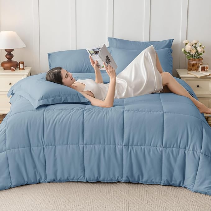 JOLLYVOGUE Twin Comforter Set Ultra-Soft Bed in a Bag Twin Size 5 Pieces Oeko-TEX Certified Bedding Set with Down Alternative Comforter Sheets Pillowcases &amp Shams Dusty Blue