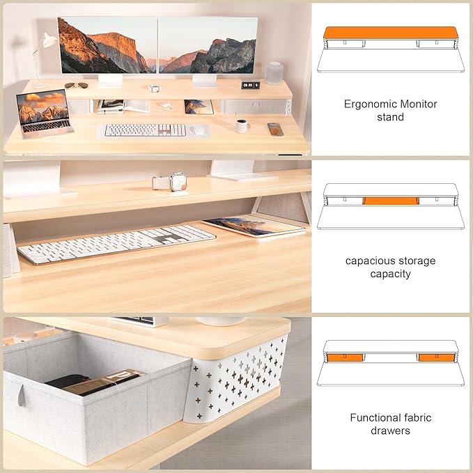 Electric Standing Desk with 2 Drawers 55 x 24 Adjustable Height Computer Desk Ergonomic Sit Stand Desk for Home Office (Nature)