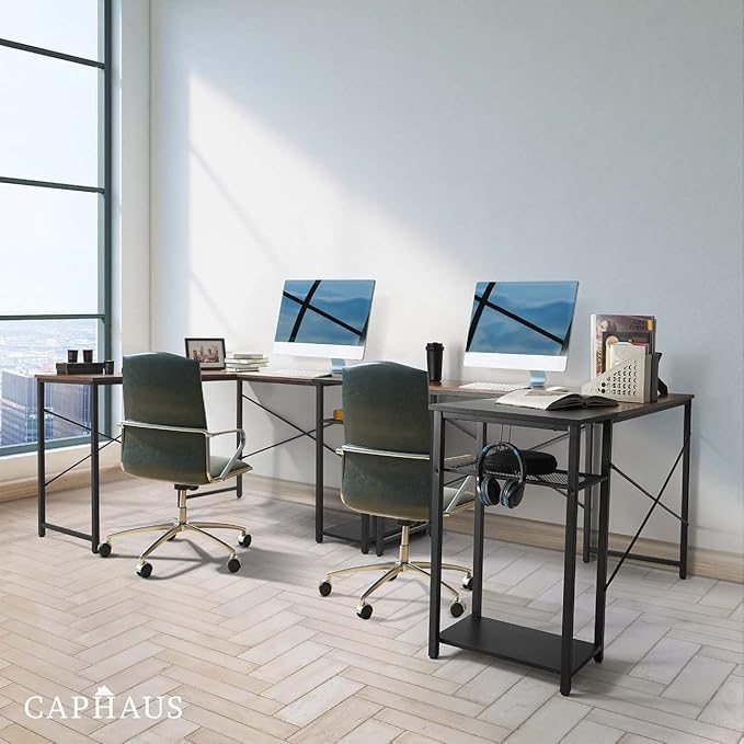 CAPHAUS 51 Inch L-Shaped Desk with 2-Tier Shelves &amp 220lbs Capacity - Home Office/Gaming/Study Corner Workstation Easy Assembly P2 Board Headphone Hook Industrial Design Rustic Oak and Black