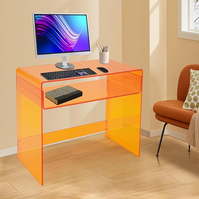 Modern Acrylic Computer Desk 33.5W x 15.8D x 29.5H inches Clear Orange Study Table with Baffle and Removable Divider Minimalist Home Office Desk for Holding Laptops Books and Other Office Supplies