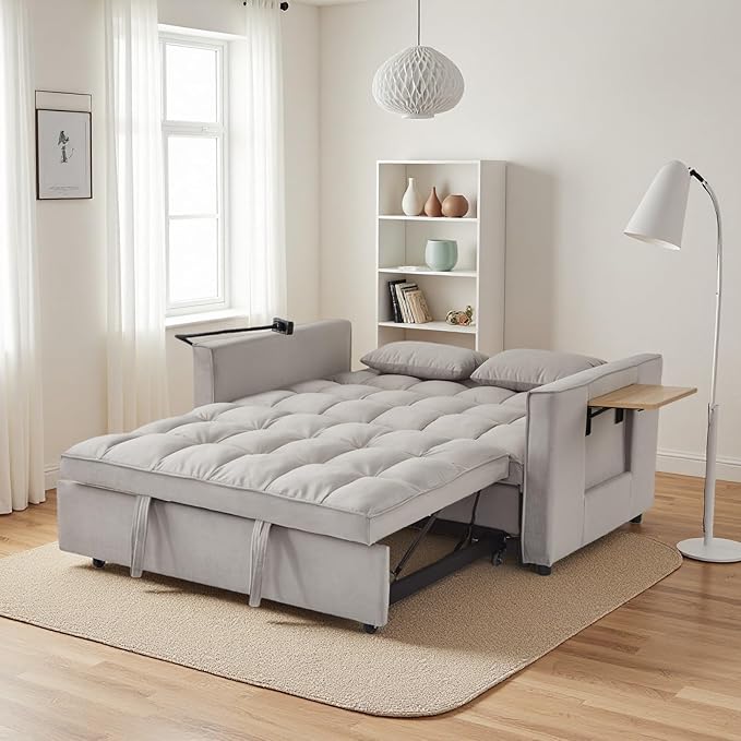 Loveseat Sleeper Sofa 3 in 1 Convertible Sofa Bed Adjustable Backrest Comfy Pull Out Couch Modern Upholstered Sofa for Living Room Bedroom Apartment Small Space (Grey with Side Table)