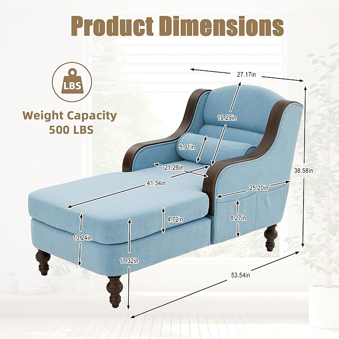 Upholstered Oversized Chaise Lounge Chair Solid Wood Frame Comfy Arm Chair with Thick Double-Layer Cushion Curved Armrests Modern Overstuffed Sleeper Recliner for Bedroom Living Room (Light Blue)