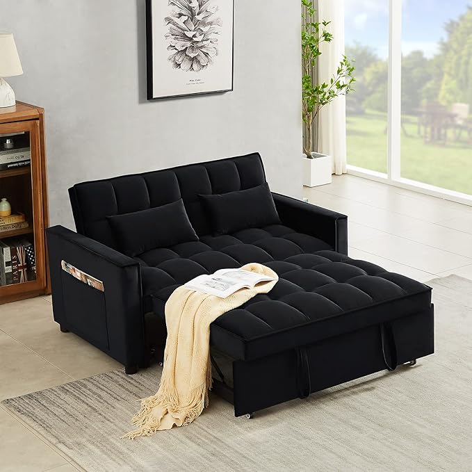 Sleeper Sofa Couch w/Pull Out Bed 55 Modern Velvet Convertible Sleeper Sofa Bed Small Love seat Sofa Bed with 2 Pillows &amp Side Pockets for Small Space Living Room Apartment Black