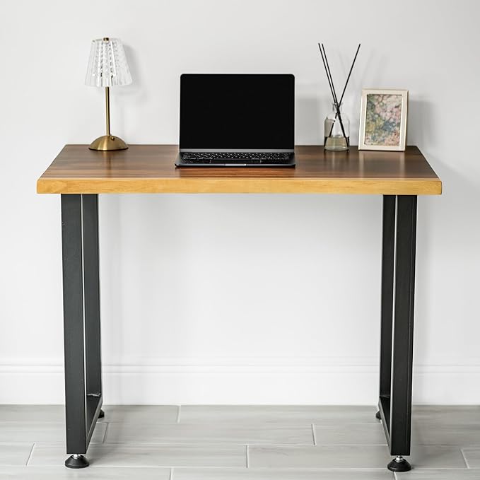 Small Solid Walnut Wood Computer Desk – 38” x 25” Live Edge Wooden Home Office Desk with Sturdy Metal Legs – Handmade Real Wood Table for Work Study or Gaming