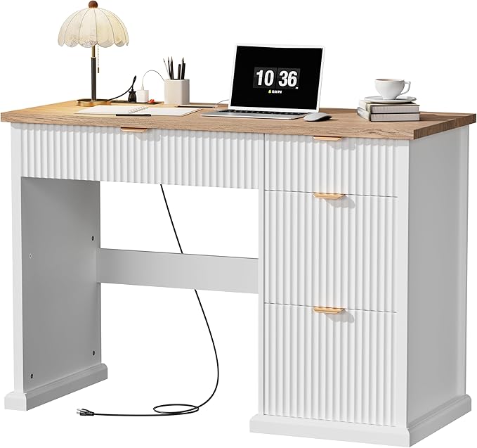 47 Farmhouse Executive Desk Home Office Desk with Drawers and Charging Station Wood Home Office Desk Fluted Computer Writing Desk for Study Living Room Bedroom