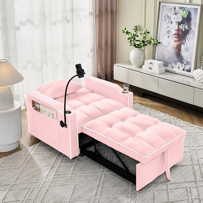 Convertible Chair Bed 3 in 1 Sofa Bed Chair with Adjustable Backrest &amp Cup Holder &amp Charging Station Small Space One Person Couch for Apartment Office Living Room Bedroom (Pink)