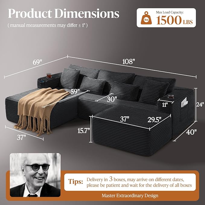 108 Cloud Modular Sectional Couch Modern Boneless Couches with Deep Seat U Shaped Sofa for Living Room No Assembly Required Plush Corduroy (Black 2 Seater+Left Facing Chaise+Ottoman)