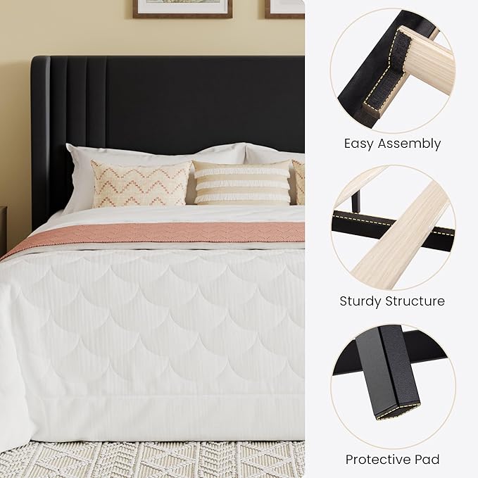 SHA CERLIN Full Size Velvet Upholstered Platform Bed Frame with Vertical Channel Tufted Wingback Headboard Wooden Slats Support Easy Assembly Under Bed Storage No Box Spring Required Black