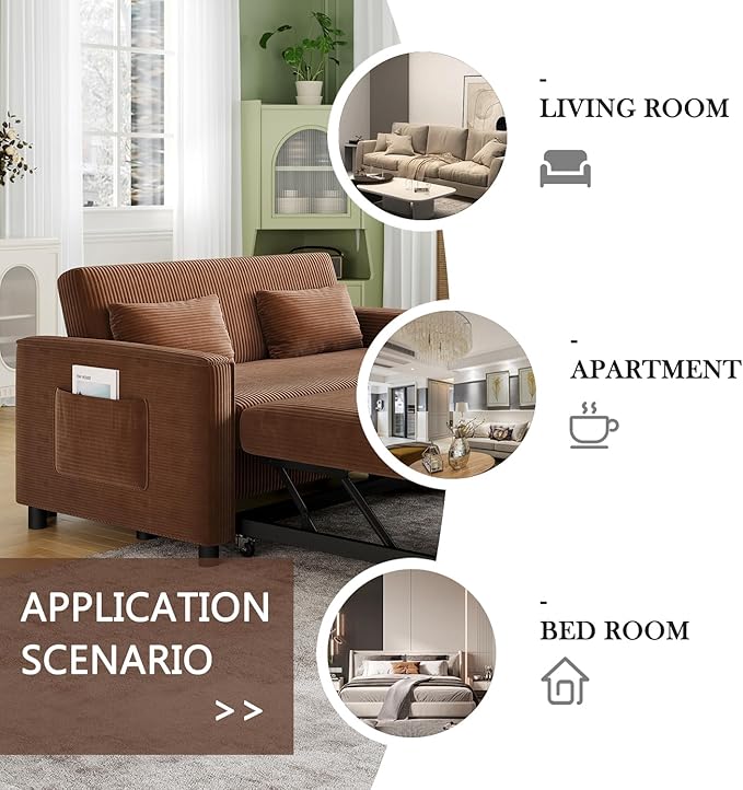 Sleeper Sofa with Pull Out Sofa BedCorduroy Futon Sofa Bed with 3 Level Adjustable Backrest &amp Storage Pockets and 2 Toss PillowsModern Couch Bed for Living RoomBedroom（Brown）