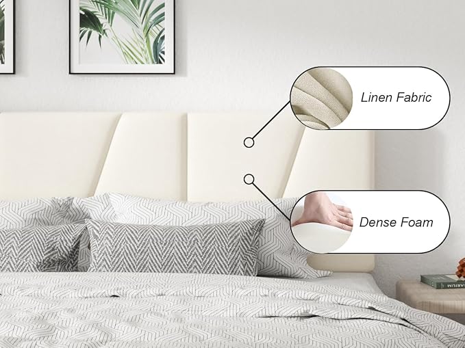 Queen Size Platform Bed Frame with Geometric Upholstered Headboard Noise Free Wooden Slats Support No Box Spring Needed Easy Assembly Beige Velvet