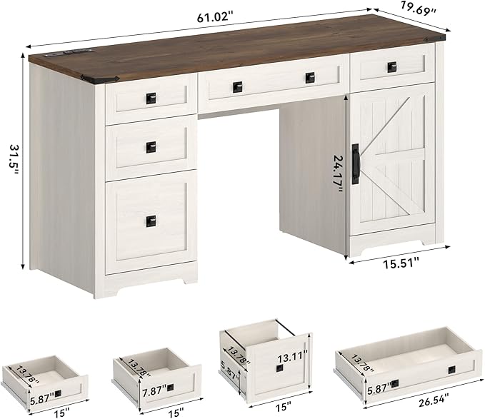 61 Farmhouse Executive Desk with Drawers Wood Home Office Desk with File Cabinet Charging Station and Storage Cabinet Computer Desk Workstation for Work and Study Antique White