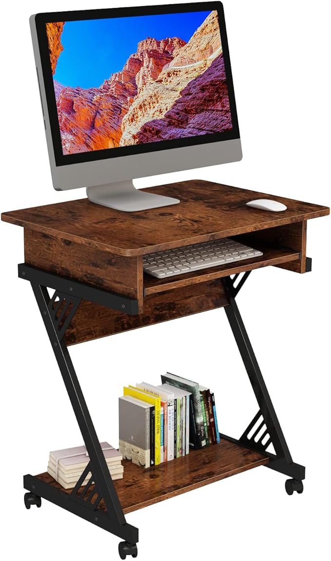 Computer Desk for Small Spaces Mobile Computer Desk with Keyboard Tray Z-Shaped Writing Table with Rolling Wheels &amp Storage Shelf (Brown)
