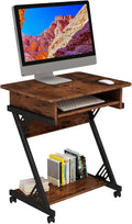 Computer Desk for Small Spaces Mobile Computer Desk with Keyboard Tray Z-Shaped Writing Table with Rolling Wheels &amp Storage Shelf (Brown)