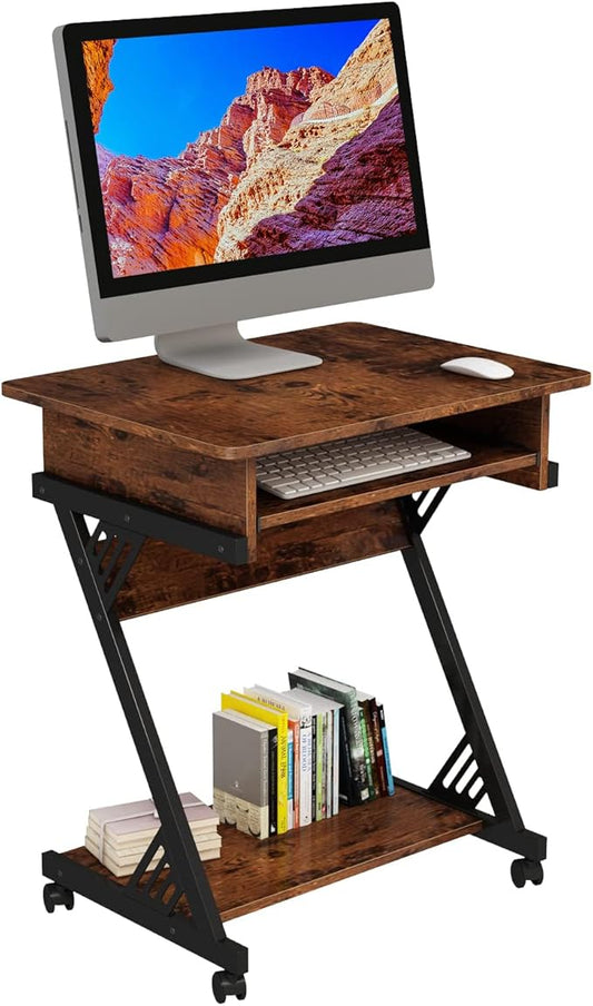 Computer Desk for Small Spaces Mobile Computer Desk with Keyboard Tray Z-Shaped Writing Table with Rolling Wheels &amp Storage Shelf (Brown)