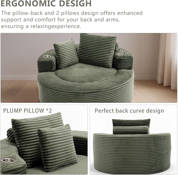 55 Green Oversized Round Boneless Couch Sofa Velvet Memory Foam Cloud Couches Lounge Chair Comfy Fluffy Single Sofa with 3 Pillows for Living Room Bedroom No Assembly Required (Green.)