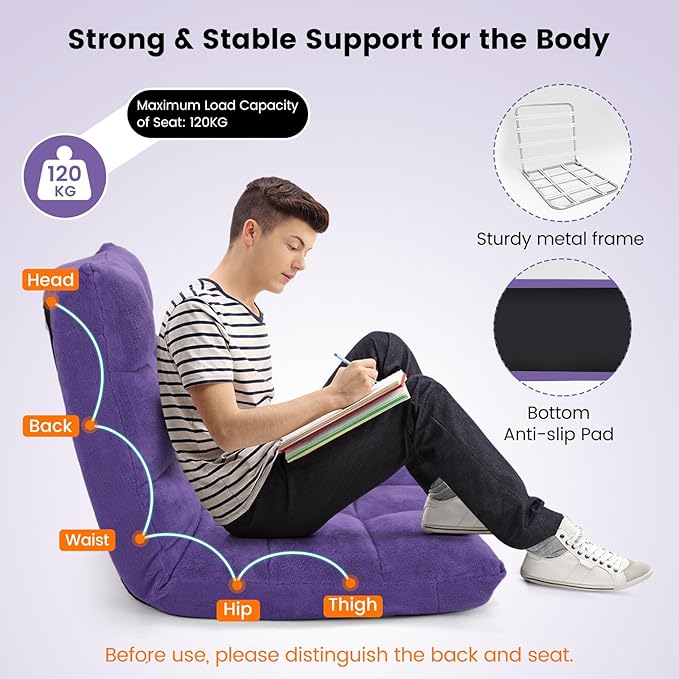 Moccha 14-Position Floor Chair Folding Sofa Chair with Back Support Memory Foam Floor Gaming Chairs for Adults Adjustable Padded Couch Recliner Sleeper Bed for Reading Meditating Purple