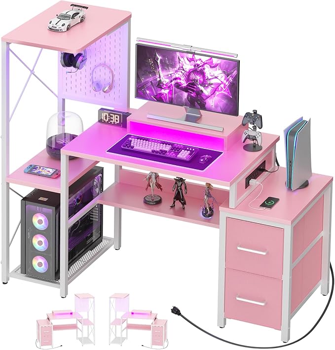 Small Gaming Desk with 2 Fabric Drawers - Reversible Computer Desk with Power Outlet &amp LED Lights 49 Office Desk with Monitor Stand &amp Storage Shelves Writing Study Table with Pegboard Pink