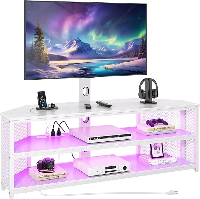 Rolanstar TV Stand with Mount and Power Outlet Swivel TV Stand with LED Lights for 32/45/55/60/65/70 inch TVs White Entertainment Center Media Console with Height Adjustable Mount